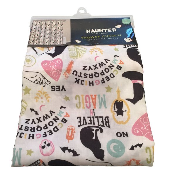 HAUNTED LITTLE HOME Witch Cat Ouija Mushrooms Shower Curtain with Metal Hooks - Picture 3 of 4